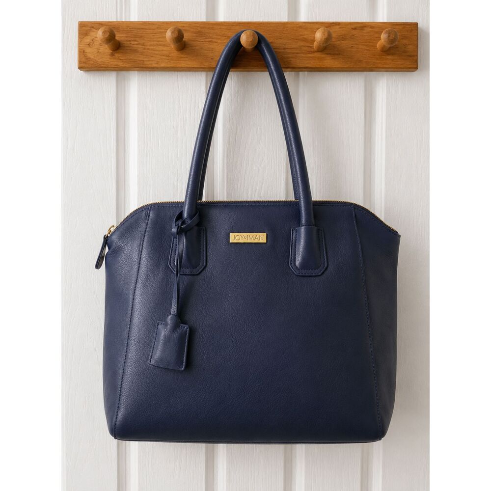 NWOT Joy & Iman Navy Blue Leather Tote Bag Multi Pocket Purse With Flashlight